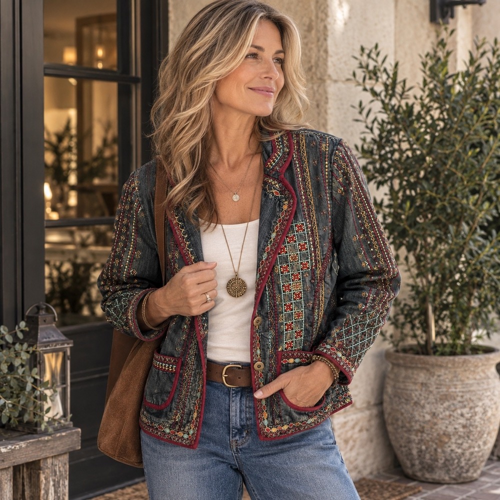 Chico's Size 0 Embroidered Denim Jacket Boho Art to Wear Studded Blazer